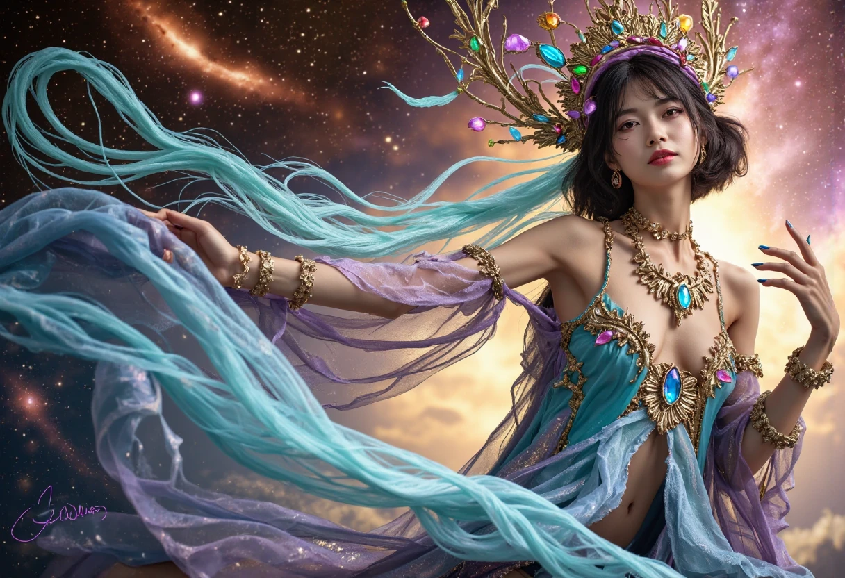 gypsy girl does a mesmerising dance, Gemstone iridescence, lustrous, magnificent, ornate bismouth, colorful, elaborate, beautiful cinematography, sparkling, 8k resolution holographic astral cosmic illustration mixed media background by Lobsang Melendez Ahuanari