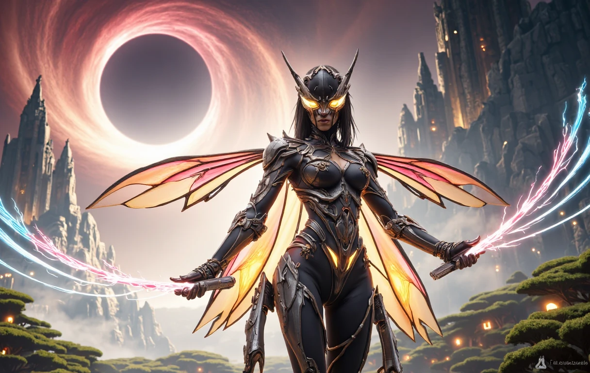 (best quality, highres, ultra-detailed, photorealistic), digital painting, vibrant colors, dynamic composition, glowing lights, futuristic atmosphere, detailed facial features, intricate costume design, elegant and confident expression, dramatic shadows, intense gaze, flowing red and green fabrics, intricate insect-like armor, intricate patterns, sharp and angular shapes, energy aura, immersive background, otherworldly landscapes, high-tech cityscape, sci-fi elements, dynamic poses, strong and muscular physique, dramatic lighting effects, surreal and captivating, mysterious and alluring.