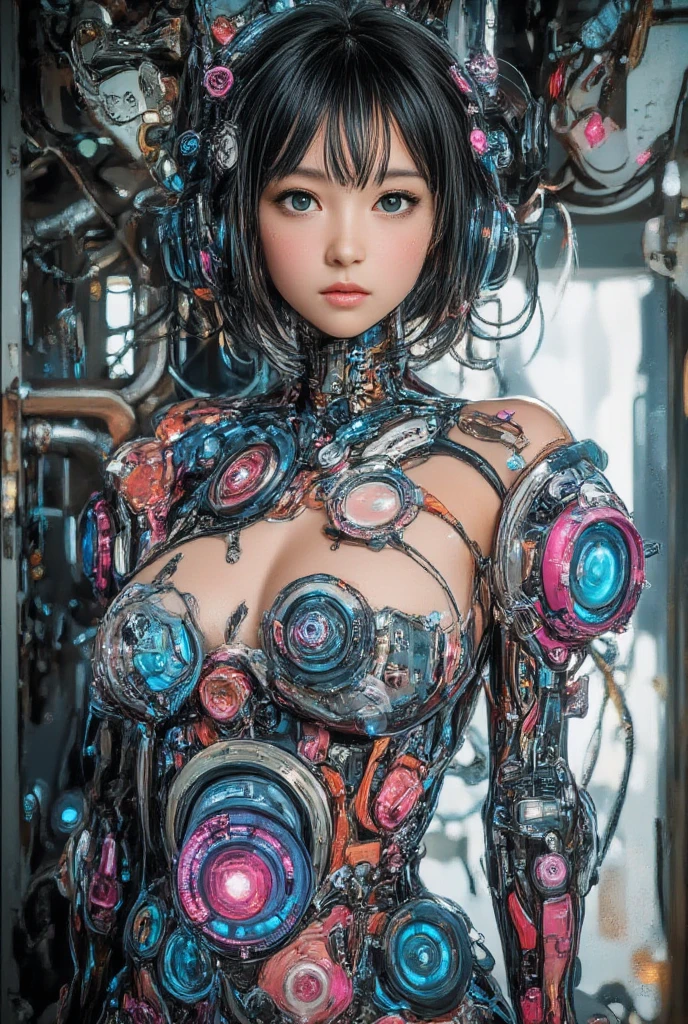 (masterpiece, Highest quality, Highest quality, Official Art, beautifully、aesthetic:1.2), (One girl), (Fractal Art:1.2),Absurd, High resolution, Super detailed, Ultra-precise depiction, Ultra-detailed depiction, alone, (Tangled:1.2), Floating Hair, (skinny, Slim body: 1.2), Sunburned skin, Shiny skin, (Abstract:1.2),cbpkv5, pantyhose,View your viewers, whole body, Cyberpunk Robot, Complex robot, Hello, From mooncryptowow