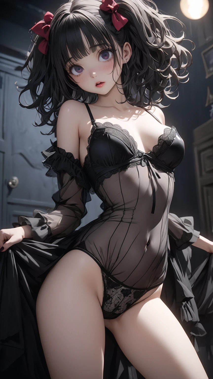 (beautiful young wife, 35 years old, Alluring expression ,Seduces me with a seductive pose:1.4),(The chest is sheer, transparent fabric v-neck blouse:1.4),(masterpiece,top quality,best quality,official art,ultra detailed,realistic,ultra high res,Raw photography,24K,unity 24K wallpaper,detailed skin,photorealistic:1.3),a beautiful woman,Neat and clean woman,独奏,black hair,long hair,brown eyes,beautiful detailed eyes,gorgeous eyes,intricate,beautiful detailed face,beautiful parted lips,soft lips,(small breasts:1.3), (Beautiful Faces, Beautiful Face, Highly detailed hair, Beautiful hairstyle, Beautiful detailed eyes, Beautiful Skin:1.3),slender body,seductive full body,looking at viewer, (Luxury, Bedroom at night, Luxury Bedroom:1.3),