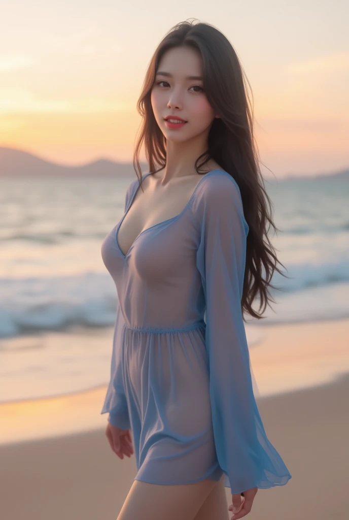 1 Girl, whole body, Beautiful shiny hair, Charming eyes, curls, Large Breasts,Charming oval face, Double eyelids, Pink lips, Small nose, focused face, Ultra-high resolution, Very detailed, OK, ultra-thin, see through, Alexandroid Colorful Mesh Nightdress,Radiant Skin, Realistic background,Coastal landscape at dusk,Dark clouds and sky,Delay々Long sandy beach, Deserted Beach,Dark sea,