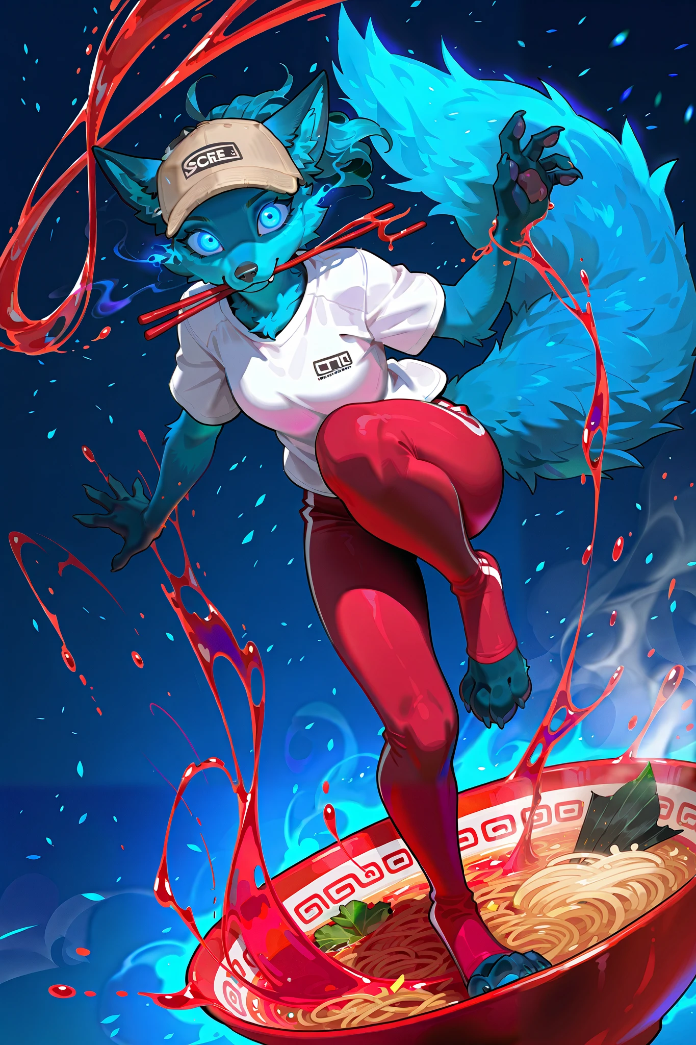 (solo), (anthro), dynamic:1.25, aesthetic, cinematic illustration, (concept art), overwatch style, ; ((char1 dives in the air)) , air's_catches a ramen's bowl; [char1=" female, (jumps over), (blue body), blue eyes, glowing eyes, Kitsune_(Kiriko's fox), holds_chinese's stick in mouth, horizontaly Chinese chopsticks:1.4, slim:1.4, atletic, feet are far (pawpads), ed headwear, (red leggings), white top, perfect anthro's_anatomy"]; chinatown cscenario, (floating ramen's liquid), (bowl focus), masterpiece, breathtaking best quality, high detailed, vivid colors, (blue embers in air)