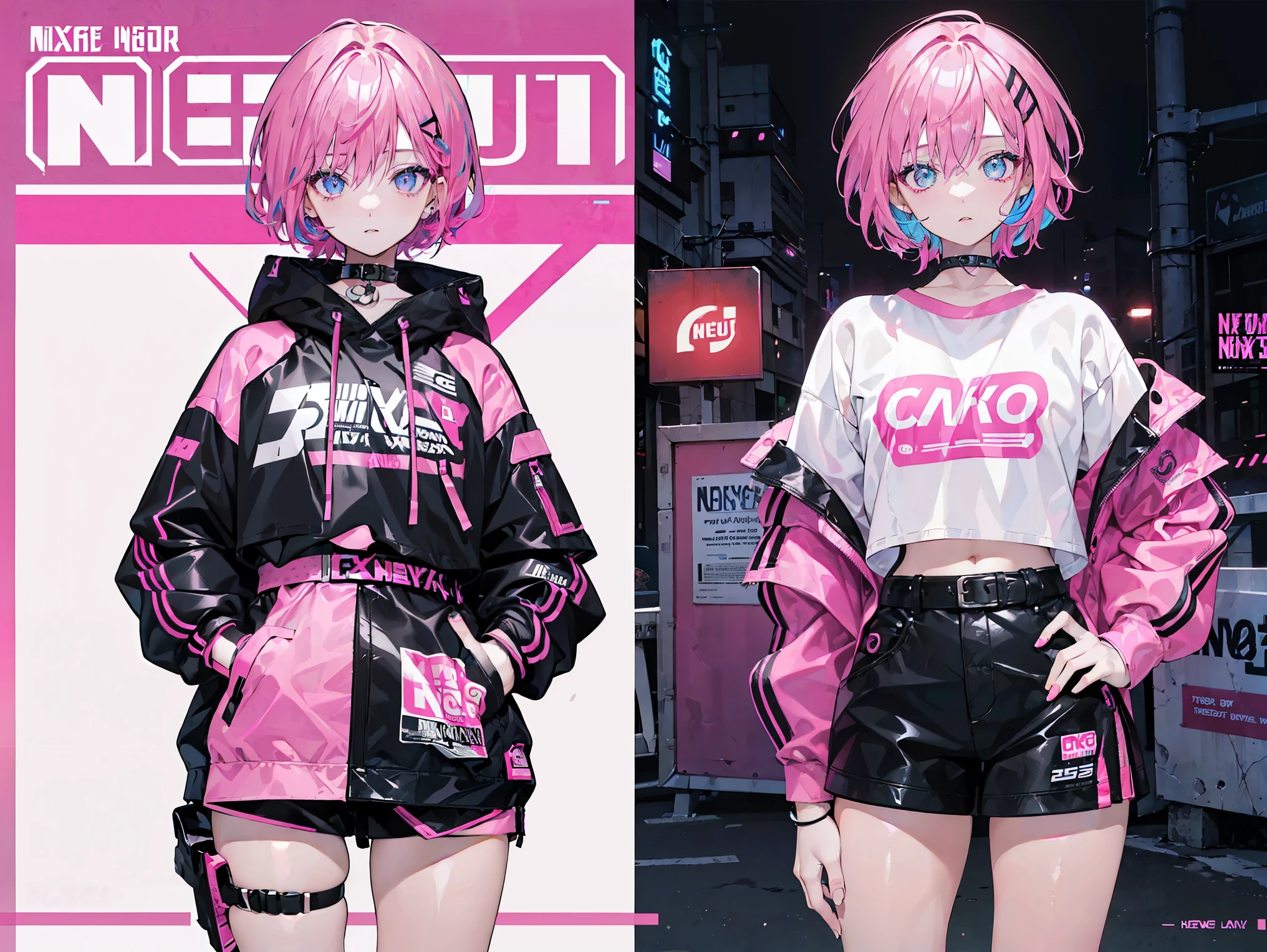 create a photo of a Korean girl with blue eyes and pink hair in short shorts and a short skirt and stockings
