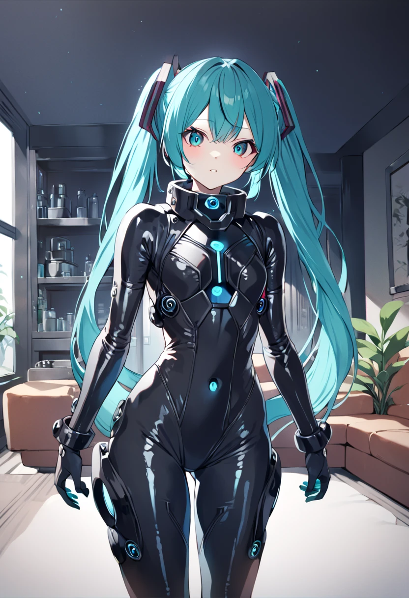 Hatsune miku, blue hair, blue suit, latex pants, agent outfit, dynamic pose, looking forward, aldulta, serious, blue eyes, Inside an office, latex bodysuit