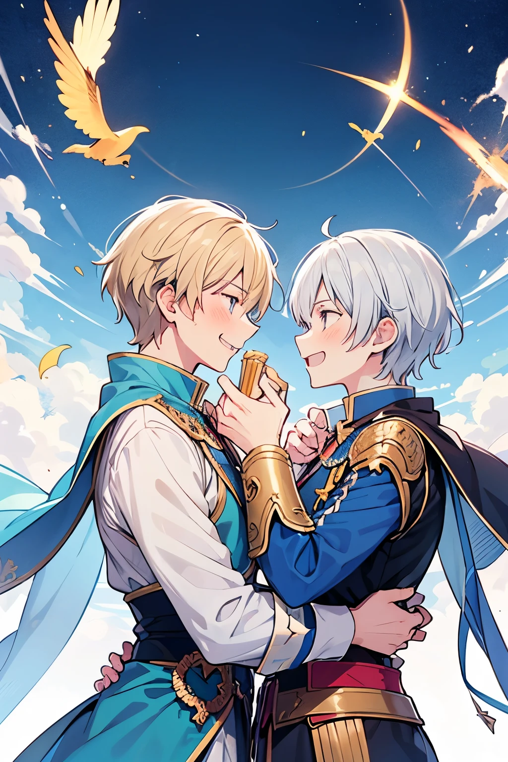 ((gay couple:0.8)),smile,Short Hair,(( Delicate and Sophisticated Hands and Fingers:1.0)),Battle Games , Another World Fantasy , Knights and Magicians , looks fun, Active Moves 