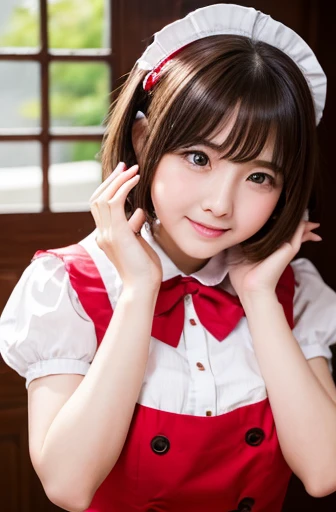 15-year-old cosplayer、detailed tooth、You're on stage、hi-school girl、crouching down、cute panty