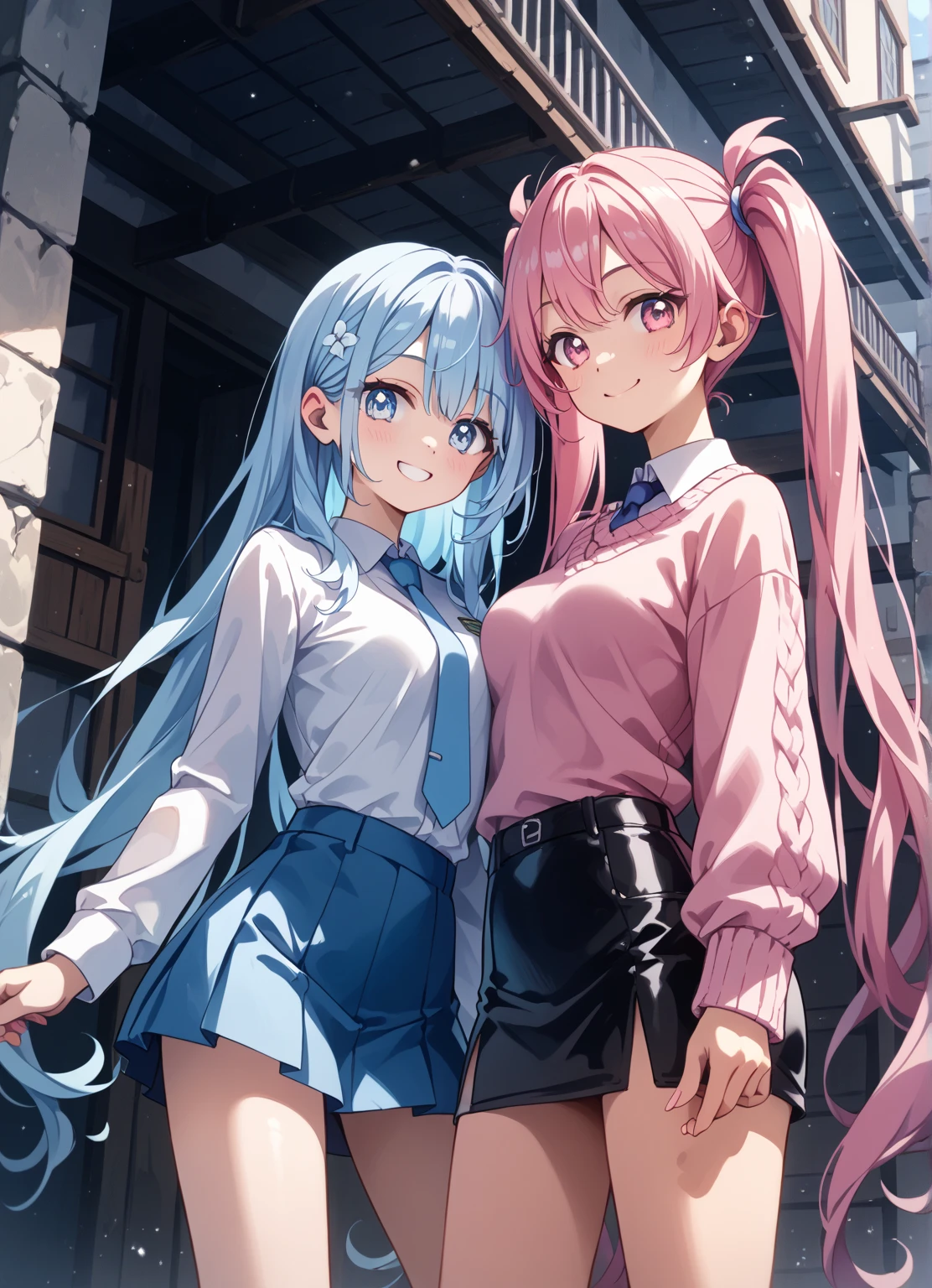 Modern city,Fluffy hair,Light blue hair,Blonde,Light pink hair,Headband,Braid,Autumn outfit,Short clothing that shows the buttocks,The sleeves of the dress are a little long,I can see a little cleavage,Moe sleeves,Date,Several people hugging each other,Embrace,watching each others eyes,Facing each other,blush with embarrassment,Happy expression,Hand in hand,Arms crossed,Flirting with a close-knit body