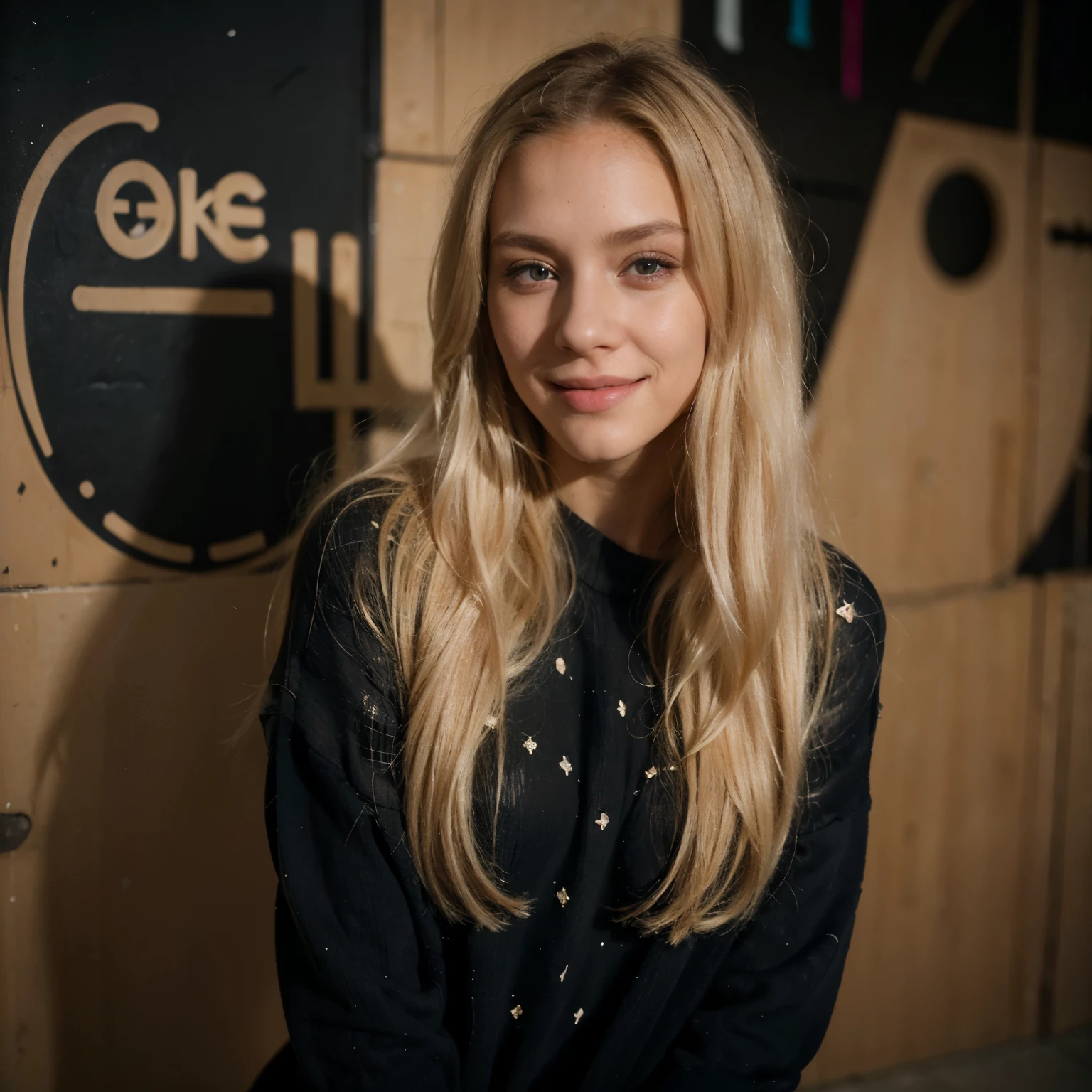 a one woman, americana, age 25, pale skin and freckles, grey-eyed, delicate nose, soft and delicate lips, distant, far away, wavy, waist-length blonde hair, Sweet smile, face with delicate feminine facial features, Highly Rendering