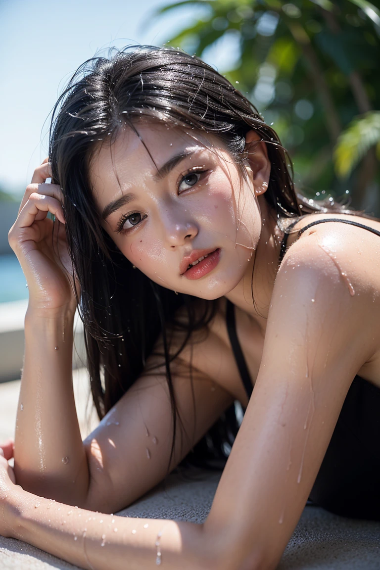 (Best quality, 4k, Masterpiece :1.3), pretty woman, 1girl, (round breasts, attractive body :1.2), coboy shots :1.1, dark brown hair: 1.1, (rainy wet, wet from rain, wet body :1.2), ultra-detailed face, part lips, detailed eyes, double eyelid, white tanktop