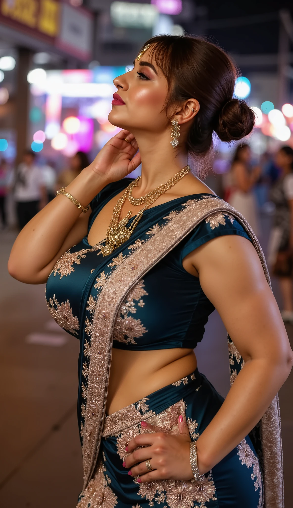 gorgeous pakistani big woman, slim figure wearing , Waist jewelry necklace, bangles , bridal makeup , detailed face walks down on a night bar street inside pattaya. Beautiful cute thick thighs and a curvy waist, wearing a beautiful Indian dress, ((low waist)),, (( beautiful Indian dress)) , bindi on forehead, highly detailed, depth of field, cinematic lighting, intricate, ((26yo, gorgeous face, model, makeup)), gorgeous Indian woman in outdoor wearing blouse, fair skin, makeup, curvy, tall, hourglass figure, seductive , ((looking at left)), jewelry, black hair, ((big :1.0)), ((wide hips:1.1)), full figured, seductive, photorealism, hyper realistic, full face Blush, ((seductive face)) , curly hair, ((ponytail)), (Super big breasts)))), ((Plump figure)), ((Ample breasts)), (Hair Details), (Facial details) explanation), (detailed explanation of body), Fair and translucent skin, Unparalleled beauty, Long legs, ( lace underwear), (stockings), (ruby necklace)), (Mature royal sisters), (Red lips), (touch), ( shy), To the audience, (((In a dark cave)), sexy, ((Pause_random))、masterpiece, high quality, high quality, High resolution, (full body portrait)、View from front、seductive smile, , best quality, (((masterpiece))), high quality, realist, best detailed, details, realist skin, skin detailed, underboobs, beautiful posing under a fairy tale of exotic magic,lehenga choli,. She wears sunglasses and red lipstick. She walks confidently and casually. Many pedestrians walk about. camera shot from left to right