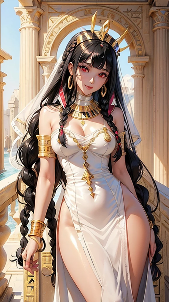 gorgeous, 1girl, golden bra, cleopatra, shiny golden jewels, headdress, flowing robe, cowboy shot, oasis, see through flowing tulle, bracelet, armlet, anklet, cylindrical crow, sun disc, stunningly beautiful, fair skin, desert, bright sun light, stunningly beautiful, feminine form, dynamic pose, stunningly rapturously gorgeous, immensely attractive, extremely appealing, flirty and playful, film photography, film grain, extreme detail, 4k, ultra hd, Anna Dittmann, hyperrealism, polished, beautiful, radiant, synaesthesia, vibrant, photorealistic, backlight, hair light, 8k ultra hd, unreal engine 5
