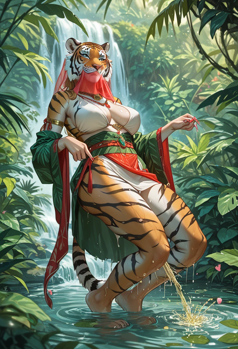 (beautiful) Asian (((Oni female))) warrior, sitting with legs spread, wearing (Tiger print short kimono), with ((thick curvy mature body)) yet ((muscular)), big size body, long and voluminous white hair blown by the wind, (2 long anime_Oni_horns ), reddish fair skin , (perfect detailed face features) expressive eyes with proud look , thick lips