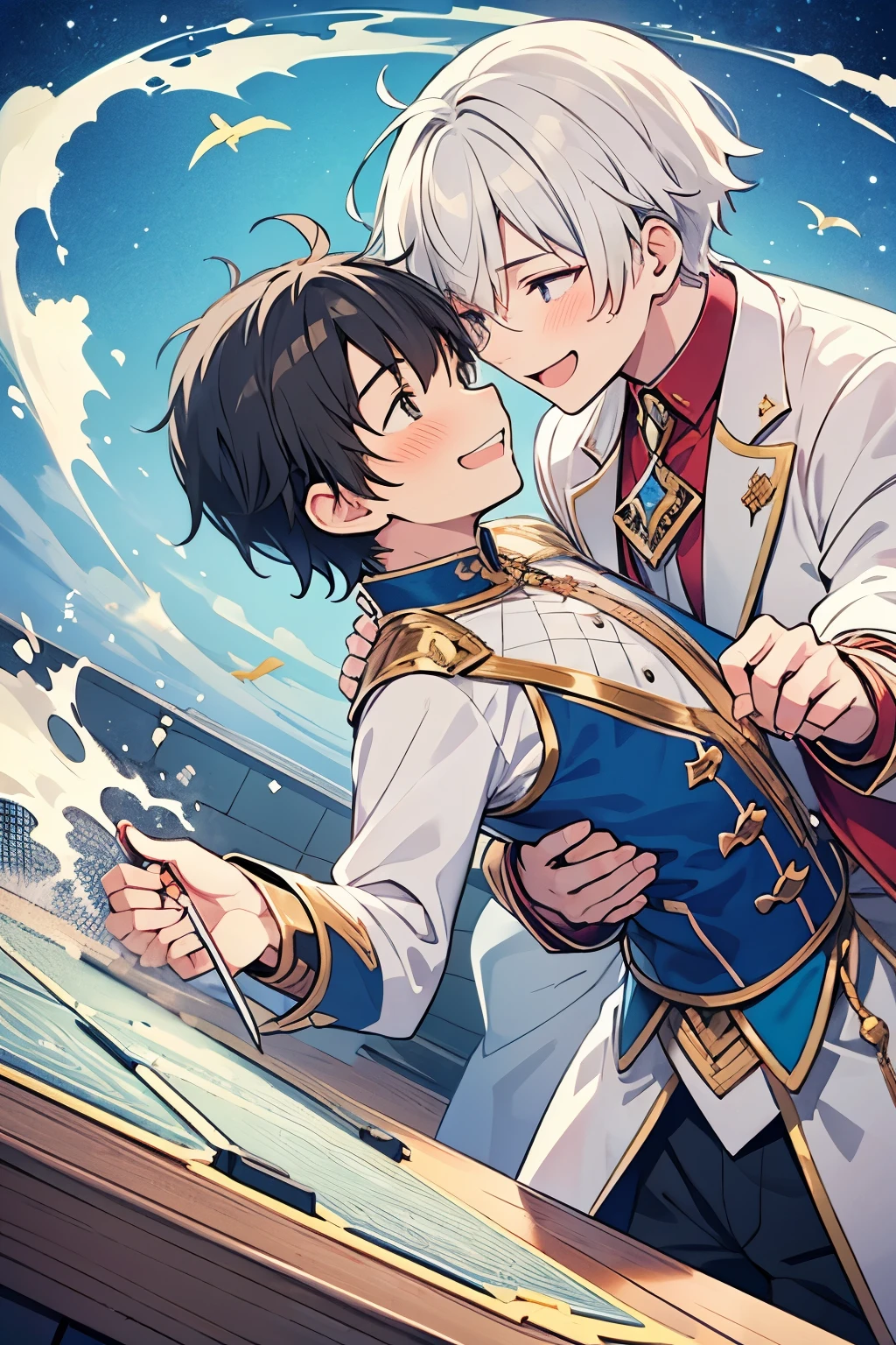((gay couple:0.8)),smile,Short Hair,(( Delicate and Sophisticated Hands and Fingers:1.0)),Battle Games , Another World Fantasy , Knights and Magicians , looks fun, Active Moves