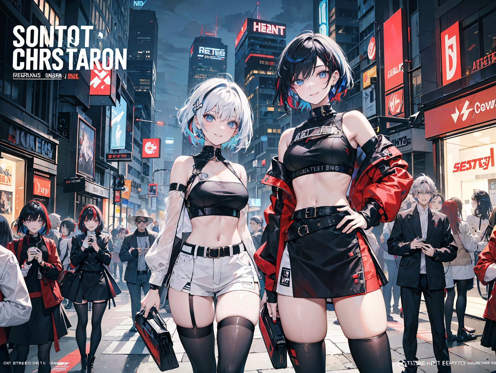 masutepiece,in 8K,High quality,Fine detail,super precision,twinsies(Stand back to back),Big sword,large boob,bomber jacket,Short pants,vila(cyberpunked),dazzling neon light,mechanical full moon,