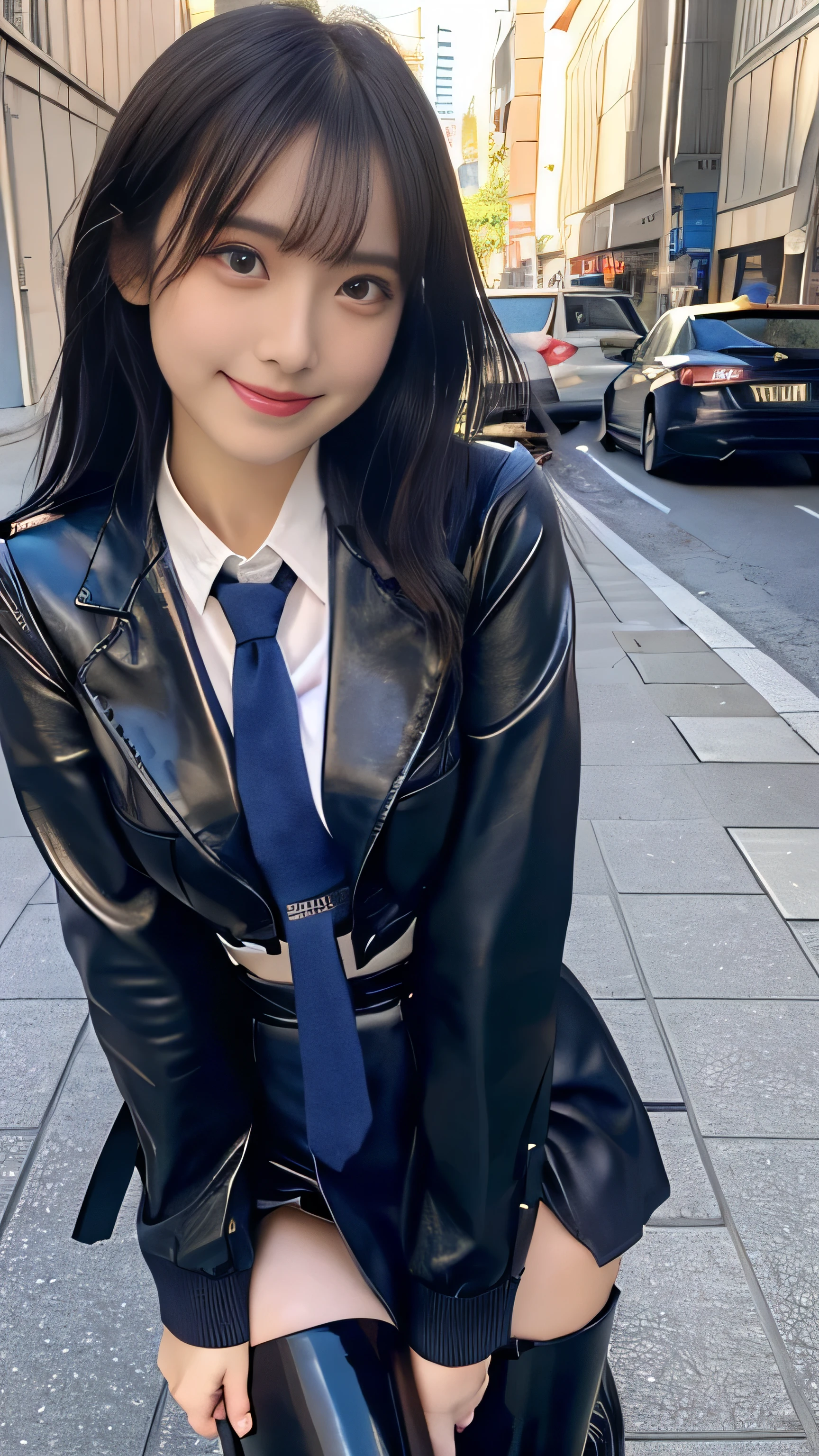 worm's eye and front view, (masutepiece:1.5)、(top-quality:1.5)、(16k wallpaper:1.2)、(Photorealsitic:1.2)、(ultra-detailliert:1.2)、(ultra high resolution:1.2)、super-detaild skin、Detailed and clean eyes、Natural Color Lip、squatting on the street、Trem lotado、(spreading legs:1.2)、(pantyshot:1.4)、long and silky black hair、Japan 18-year-old woman、Short leather mini skirt with、 leather blazer uniform and panties、(Dark blue tie:1.2)、Semi-long bob hai、large full breasts、Happy smile、patent leather thigh-high boots 、cute type、lolita, hposing Gravure Idol, full body photo、focus on crotch, large breasts、