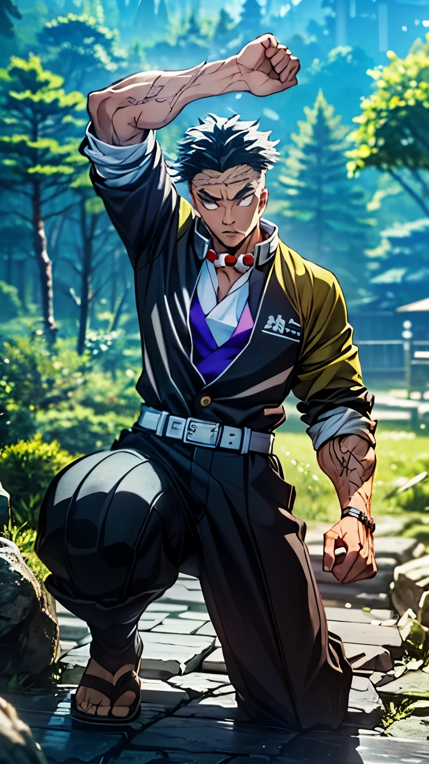 Extremely detailed and high-resolution masterpiece by Gyomei Himejima the beautiful and deadly demon slayer in dynamic action. Several pieces of rock and rock in the air , Emphasize the detailed details of his outfit and the determined expression on his face . Twilight scene , with a forest and rocks in the background . Use rich colors and volumetric light , to create a sense of ethereal beauty and power , white eyes.
