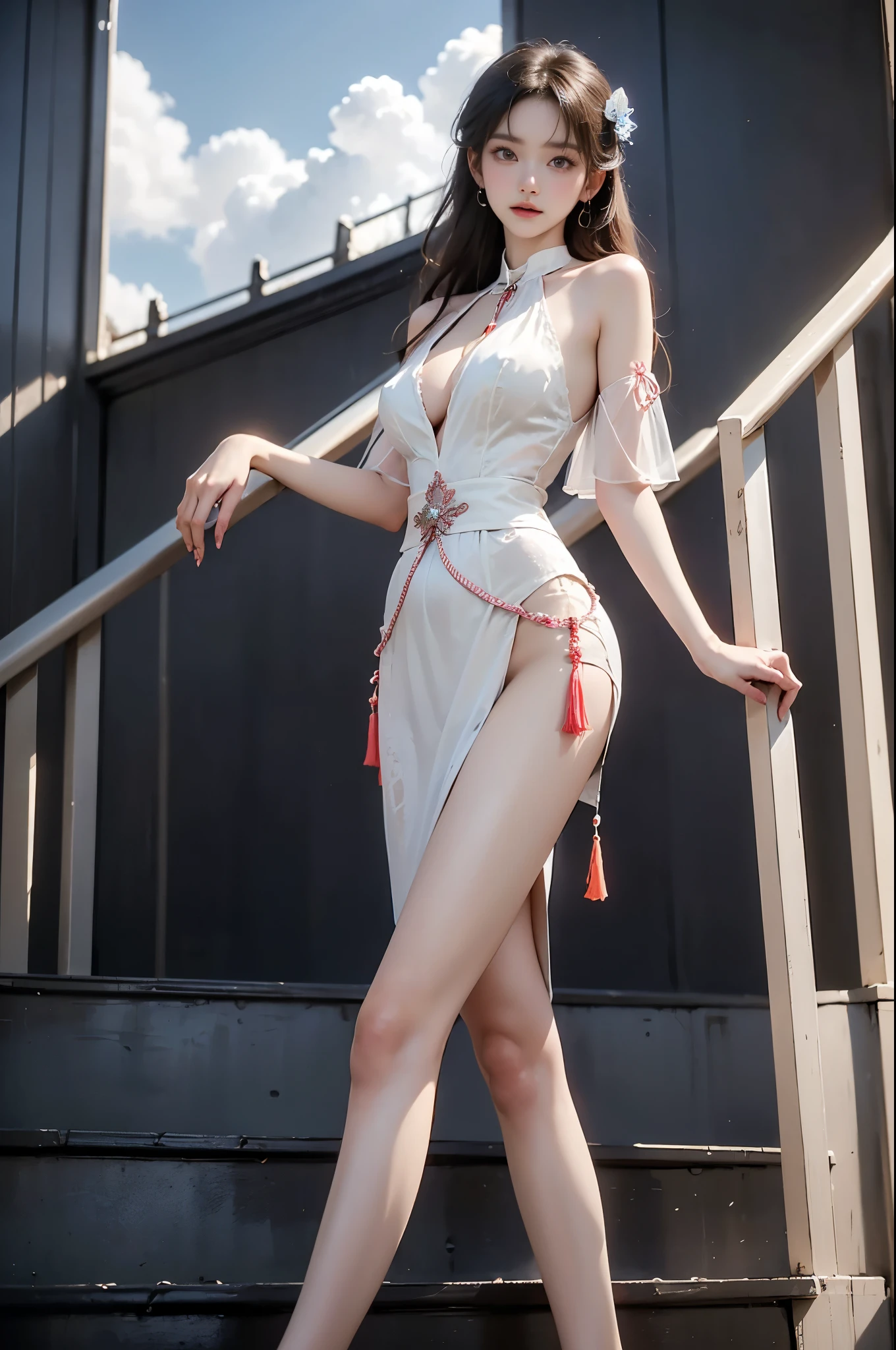 see-through,bare shoulders ,, (from below:1.3), (cowboy shot:1.3) hyperrealistic photography of a beautiful asian fashion model, perfect body proportions, long slender legs, (Full chest, obvious cleavage, very short hemline, fingers elegantly fluttering hemline), (standing pose:1.2), leaning against staircase railing, one leg straight, other leg slightly bent at knee, elegant leg posture, high heels closer to camera, professionally lit fashion photoshoot, low angle shot, blue sky with white clouds, 8k uhd, masterful composition, photorealistic, detailed face features, glossy long hair, soft natural makeup, detailed skin texture, professional lighting, sharp focus, high end fashion magazine style, ultra detaile