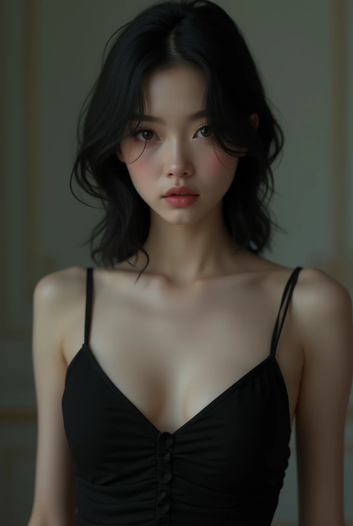 Cold girl,1girl,solo,realistic,black hair,short hair,looking at viewer,arms at sides,brown eyes,OceanHeart,upper body,collarbone,grey background,bare shoulders,simple background,small breasts,(closed mouth:1.3),breast slip,, best quality , masterpiece, illustration, an extremely delicate and beautiful, extremely detailed ,CG,unity,8k wallpaper, Amazing, finely detail, masterpiece, best quality,official art,extremely detailed CG unity 8k wallpaper,absurdres, incredibly absurdres, huge filesize , ultra-detailed, highres, extremely detailed,beautiful detailed girl, extremely detailed eyes and face, beautiful detailed eyes,light on face,