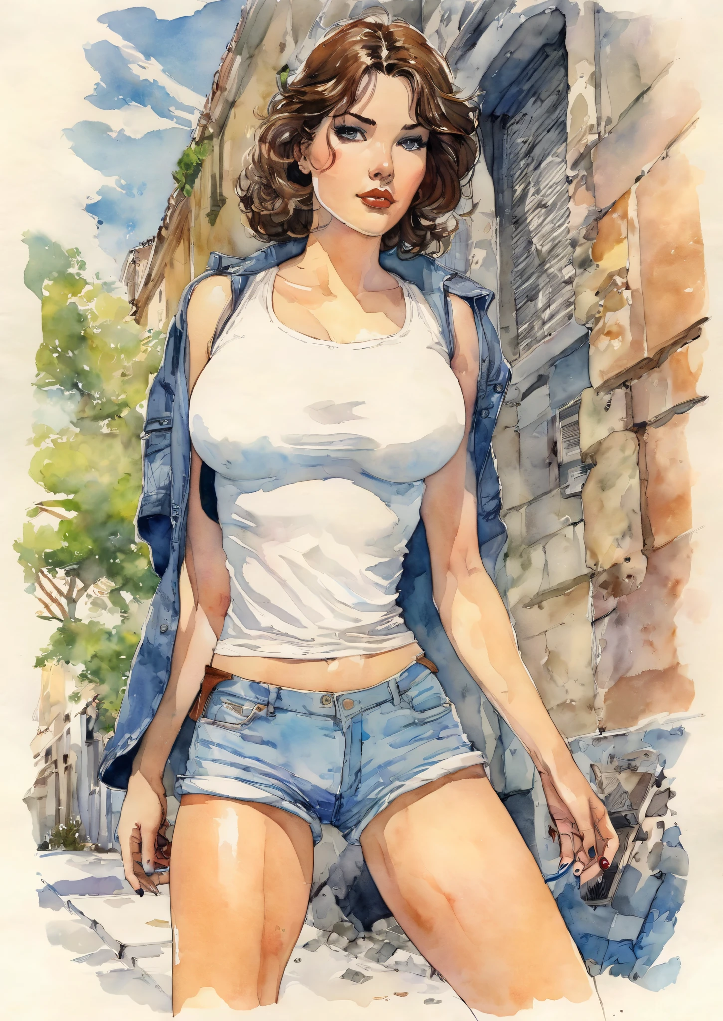 sexy girl, jeans and tank top, small breasts, marked nipples, the art of eroticism, tmari, sketch, traditional media, pen drawing, white background (art inspired by Bill Sienkiewicz). oil painting)