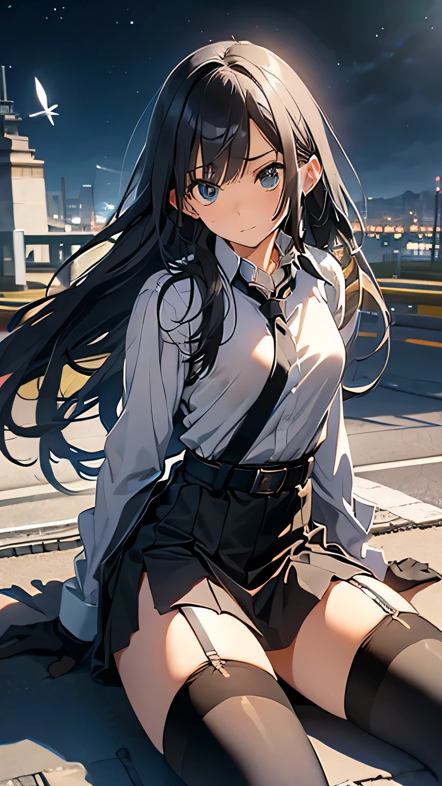 High Quality , Masterpiece, Ultra high resolution, ( realism: 1.4), oil painting style , movie lights, , I stood on an empty asphalt road watched it.., 、 Flying Crane Hanging Leather big breasted Small face lying down looks up at the sweat belt buzzer 脇sweat black hole gloves suit miniskirt garterbelt Footlink ズボンのbelt place hs on back restless expression looks up at the restless expression Knee-length Knee-High Socks Knee-length socks garter belt garter Garterbelt on thighs, place hs on back limit hcuffs Cable ties Cable ties on thumbs big boobs