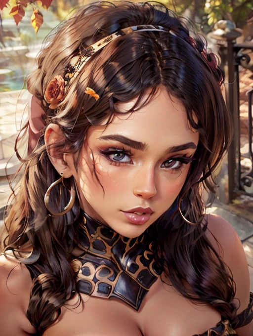Arafed american indian woman as maid goddess, posing for a picture, cinematic goddess body shot, sexy body, realistically shaded perfect body, curly hair with pigtails, photorealistic perfect body, unreal engine rendering + a goddess, goddess. extremely high details, beautiful goddess, photorealistic anime girl rendering, beautiful female body, perfectly shaded body, sexy hot body, cleavage, moist skin, tan, medium breasts, complicated, naughty, seductive look, piercing, trending on artstation, slim waist, narrow hips, slim body, hourglass body, elegant high heels, laced collar, belly chain, on her knees. tied in a bed, blue and white, hazel eyes, freckles, festival look, side boob, under boob