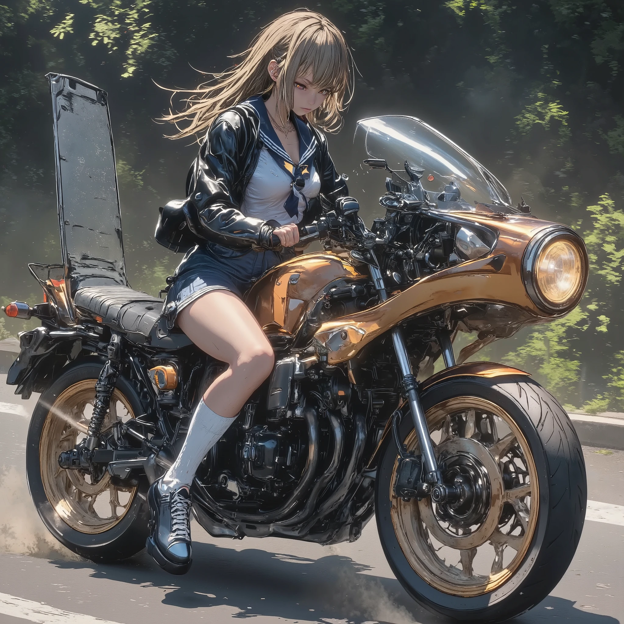 1GIRL\(glossy brown skin,sailor suit,loose socks,smirk,open mouth,looking away, body forward-bent\) cornering by MOTORCYCLE\(CAFE RACER TUNED HONDA CBX400,Frocket cowl\), masterpiece, best quality,newest anime style, motion blur, high speed, cornering, dust,dutch angle,screen cap of game, 3d