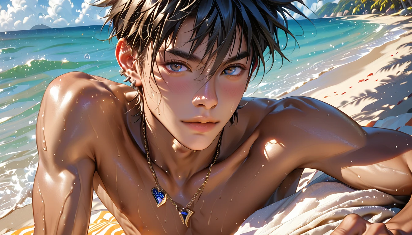 high quality, detailed, Realistic, (one 16 years old japanese boy), (detailed black eyes), (abs:1.5), (shiny skin), detailed nipples, black hair, (black tiny thong), (erected bulge), summer beach, (smile:0.7), close up face, laying, sweat,