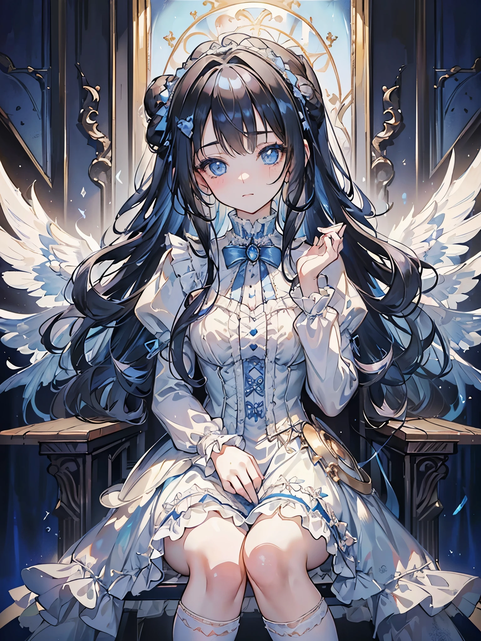 (Masterpiece,  best quality ), Warm lighting,  Blurry Foreground, (()),  1 girl, (( Victorian Style Outfit )), (ta Outfit ), ((( fluffy hair ))), compensate, Detailed, ( best quality ), ( intricate detail in wet water), ((long jet black hair)), ((Hair is fluffy )),  best quality , (( Fluffy Long Sleeve Dress)), (), ((  thigh-high socks  )), ((My socks are white )), (( round eyes)),  beautiful faces,  cute face,  pin-up ,  PERFECT FACE IN DETAILS, Victorian Morning Background , (((blue eyes))), ((  curly long hair )), (( soft smile ,  happy)), The dress is long, Woman Sitting on Desk Chair  