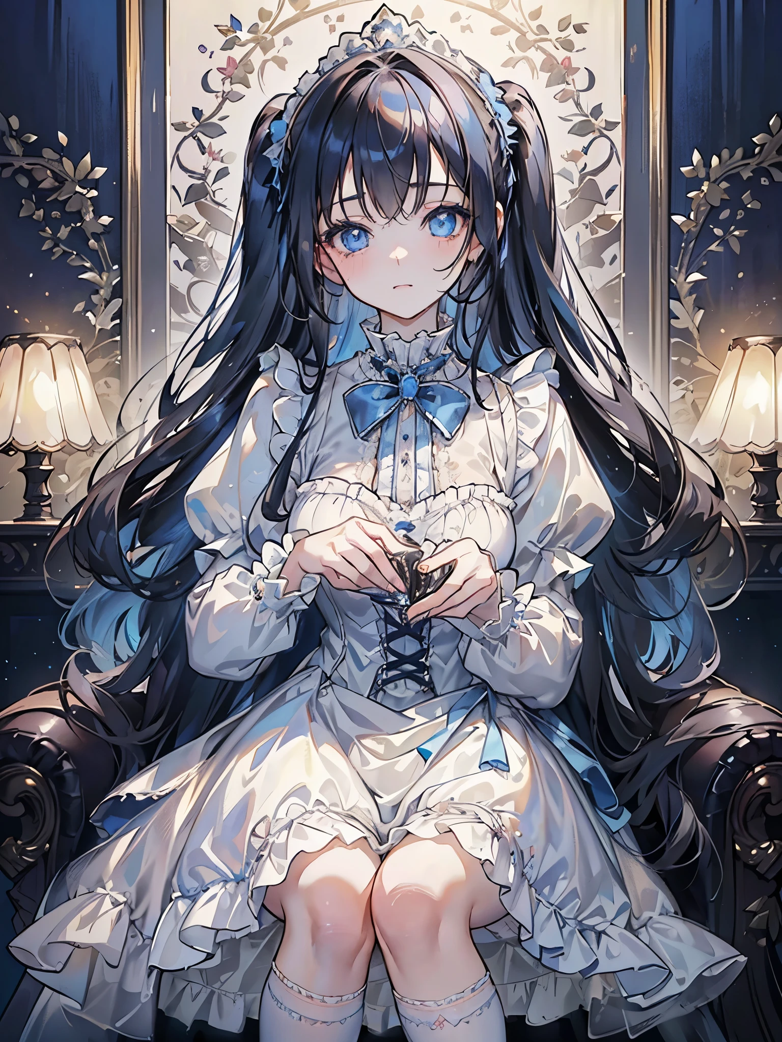 (Masterpiece, best quality ), Warm lighting, Blurry Foreground, (()), 1 girl, (( Victorian Style Outfit )), (ta Outfit ), ((( fluffy hair ))), compensate, Detailed, ( best quality ), ( intricate detail in wet water), ((long jet black hair)), ((Hair is fluffy )), best quality , (( Fluffy Long Sleeve Dress)), (), (( thigh-high socks )), ((My socks are white )), (( round eyes)), beautiful faces, cute face, pin-up , PERFECT FACE IN DETAILS, Victorian Morning Background , (((blue eyes))), (( curly long hair )), (( soft smile , happy)), The dress is long, Woman Sitting on Desk Chair