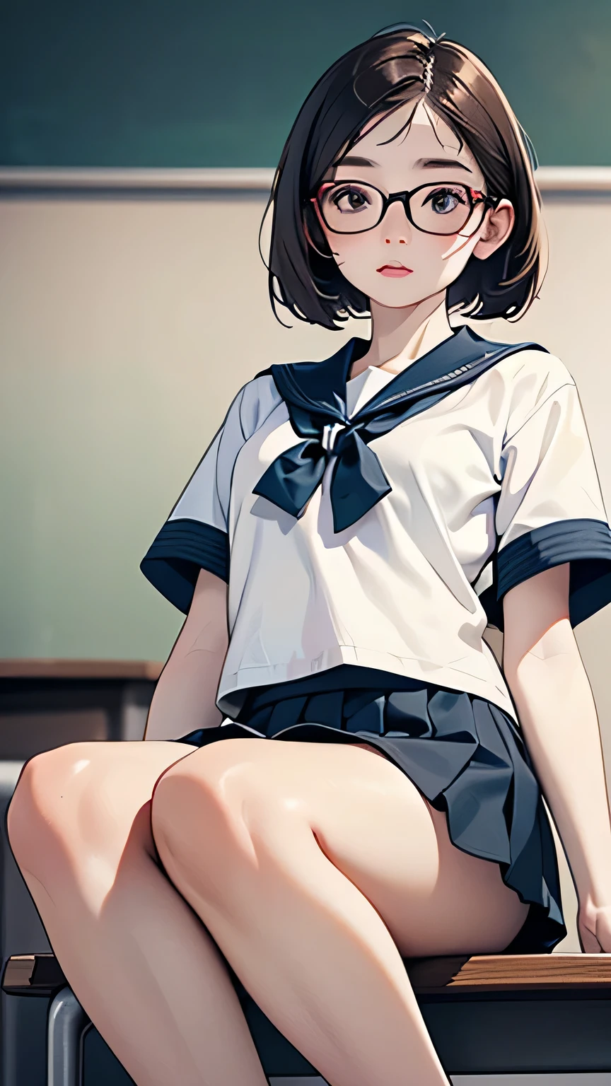 (masterpiece,  best quality :1.2), Alone、( best quality :1.2), 8k, 1, 85mm,  RAW photo, (Realistic depiction of the sole of the foot and toes, Detailed depiction of the sole of the foot and toes)), ( shot from the front , Show the bottom of the foot to the camera),  beautiful girl , (  ,  short sleeve sailor suit on one side :1.1,  short mini skirt ),  bob hair,  short hair,  without makeup, Round Glasses,  film grain ,  Color Difference,  sharp concentration,  face light,  bright lighting , Young detailed face,  painful expression, ( blurred background , classroom), 