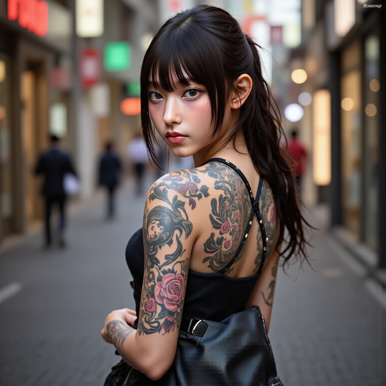 美しい顔Beautiful hot woman, (35 years old), cute face, red lips, white moist skin, moles, (under-eye bags),
BREAK,
Feminine body with high athletic ability, Body of a female fitness model, medium breasts, Feminine body with hard tones, (Muscles: 1.2), (Beautiful belly button),
BREAK,
Fighter, Kung Fu fighter, Idol, (Yakuza), (Yakuza),
BREAK,
(Wearing a cute black kimono: 1.3), (Kimono with a lot of exposure), (Stiletto heels, black long boots 1.3), necklace, very large earrings, short length,
BREAK,
Long brunette hair, (long brunette hair), (Bangs: 1.2), (brunette hair: 1.3), (long hair),
BREAK,
(Very large Japanese sword: 1.4), (Holding the handle of a Japanese sword: 1.3), (Fighting: 1.2), (Getting into a fighting stance), (Beautiful blade of a Japanese sword: 1.2)
BREAK,
(Japanese tattoo: 1.4),
BREAK,
Masterpiece, Perfect lighting, Ultra high resolution, 8K, (Very detailed: 1.4), (From the front), Looking at the camera, Melancholic expression,
BREAK,
(Tokyo city, lots of people in the background: 1.2), Background of the city of Shibuya, Tokyo, Japan,
