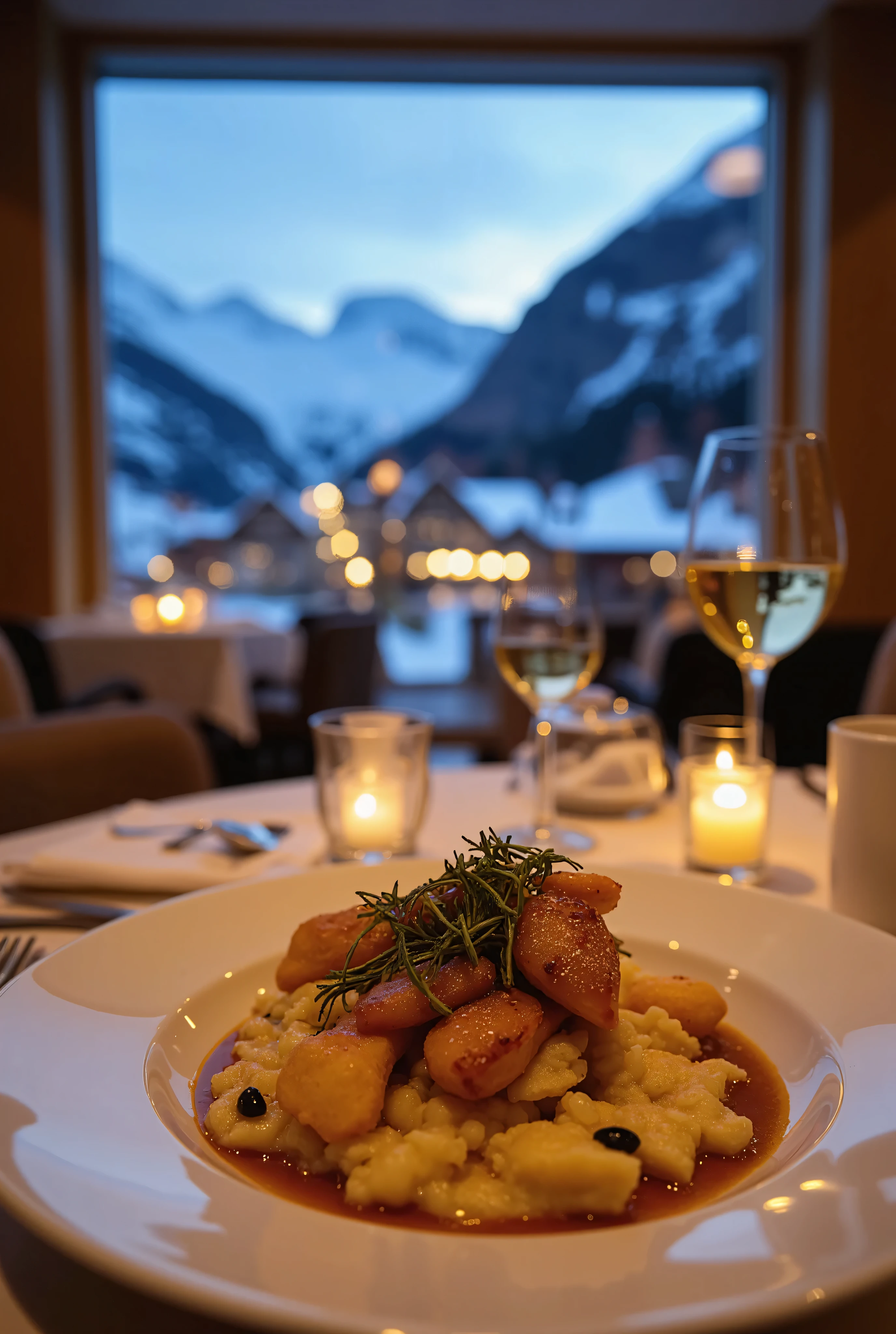 (masterpiece:1.3), (best quality:1.2), first-person view of a gourmet dinner table at a luxury restaurant in St. Moritz, perfectly plated dish of Swiss rösti with toppings, a glass of white wine reflecting the warm candlelight, panoramic window showcasing a nighttime view of snow-covered mountains and twinkling lights of the town below, soft ambient lighting, romantic and luxurious atmosphere,
realistic phone photography, detailed close-up focus on the food, elegant depth of field, warm tones, cinematic and Instagram-ready travel experience.