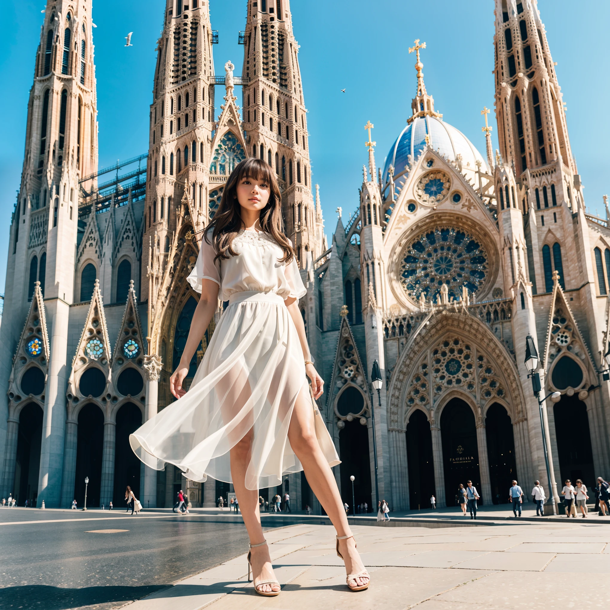 Generate a detailed and realistic image of the Sagrada Família, the iconic basilica located in Barcelona, Spain, on a sunny day with a clear blue sky. The basilica’s intricate architectural details, including its towering spires and ornate facades, are prominently displayed. A beautiful and delicate Japanese girl with long brown hair, parted bangs, and brown eyes is standing near the basilica. She is wearing spring clothes: an off-white chiffon blouse and a sky-blue A-line midi skirt, styled elegantly. Her appearance includes symmetrical eyes, very fine facial details, and perfectly shaped, anthropomorphically correct fingers. She carries an ivory mini tote bag, wears white strap sandals, and exudes a graceful and modest demeanor. The setting includes many pigeons flying around and tourists in the background, creating a lively and vibrant atmosphere. The image is a masterpiece with super-detailed, 8K-level quality, focusing on elegance and beauty. high resolution, masterpiece, accurate, anatomically correct, wins numerous awards, 最high quality, high quality, quality, retina, very detailed on trends, textured skin , Ultra Fine,
