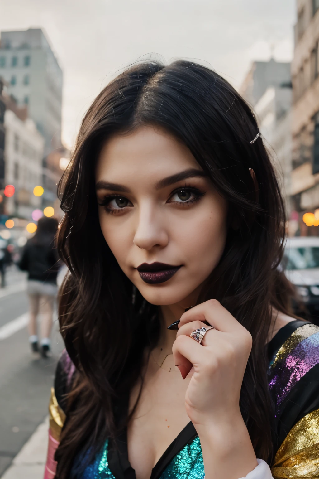 Create 25-year-old cute white girl with long black hairstyle wearing rainbow costume with full makeups and ring and black lipstick enjoying New York City with proper look photoshoot