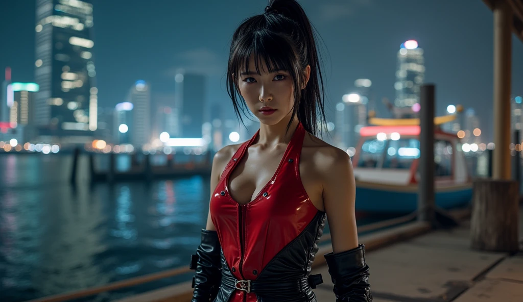 (8K, Best Quality, Masterpiece:1.2), (Realistic, Photorealistic:1.37), Ultra Detail, 1 Girl,Cute, Solo, (Tipha Lockhart), (Big Tifa),(Beautiful Detailed Eyes), (Smile:1.2), (Closed Mouth), Erotic Pose, Dance, Neon Lights, Cityscape, Depth of Field, Dark Strong Shadows, Sharp Focus, Car, Motion Blur, Motorbike, depth of field, good composition, glowing green, final fantasy vii, date,(blush), single elbow pads, ankle boots, black hair, black thighs, red boots, elbow gloves, elbow pads, fingerless gloves, taut shirt, sports bra, (suspenders black skirt), thighs, white tank top, full body, headrest, lips, pretty face, long low tie hair, (((red_ eyes)), yellow flowers, (night: 1.3), complex, bokeh, cinematic lighting, photon mapping, radiosity, physically based rendering, (Tetsuya Nomura style), perfect breasts