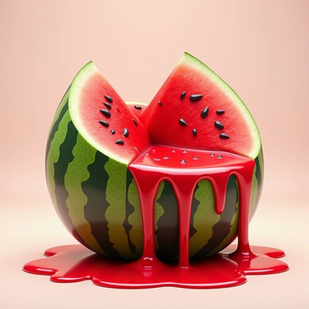 a watermelon with a splash of milk on it, watermelon, berries dripping, watermelon ice cream, watermelon granules, fight with strawberries, realistic jelly splashes, long watermelon - blond hair, transparent goo, liquid interface, watermelon embellishment, strawberries, goo, berries dripping juice, a full-color airbrushed, character is covered in liquid, berry juice drips