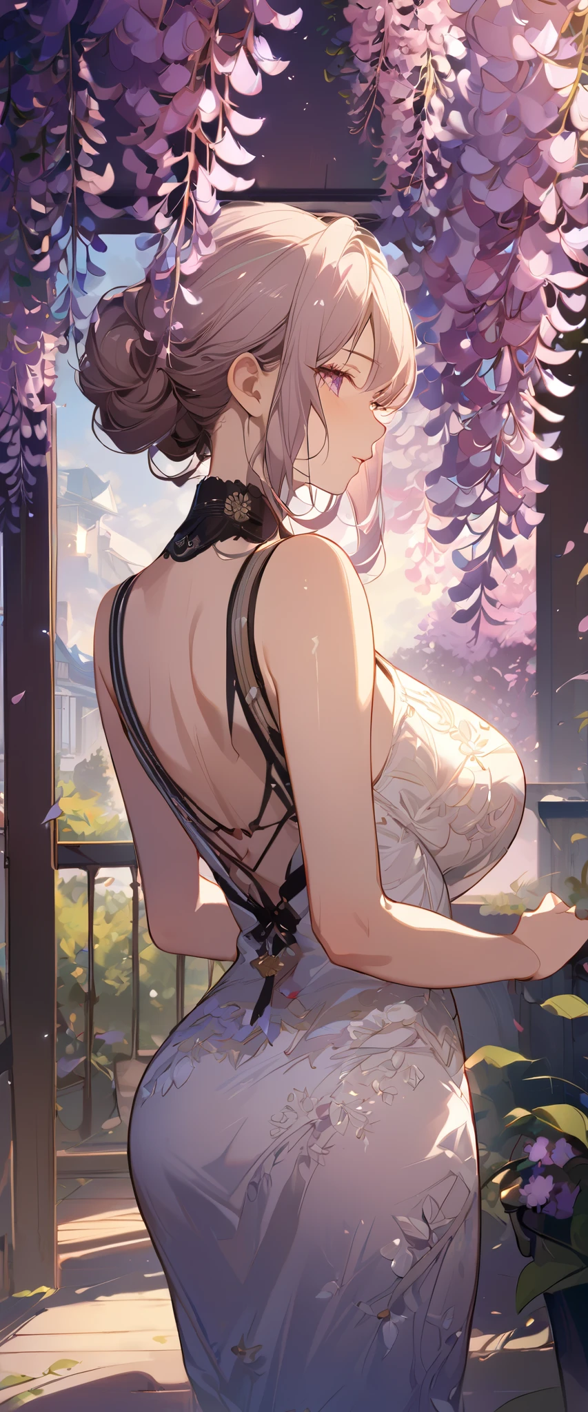 Wisteria, Wisteria tree, wisteria background , 8K ,4K , Best Quality , high quality , masterpiece, embroidered clothing, Big breasts, Various hairstyles, Asukaziye Art Gallery : ask, art style : ask