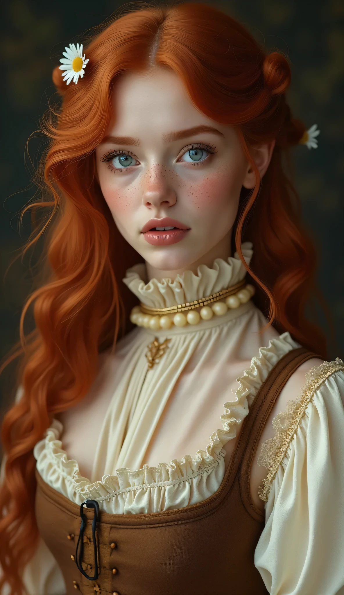 pale skin muscular redhead 18 year old girl huge breasts in the style of Anthony van Dyck