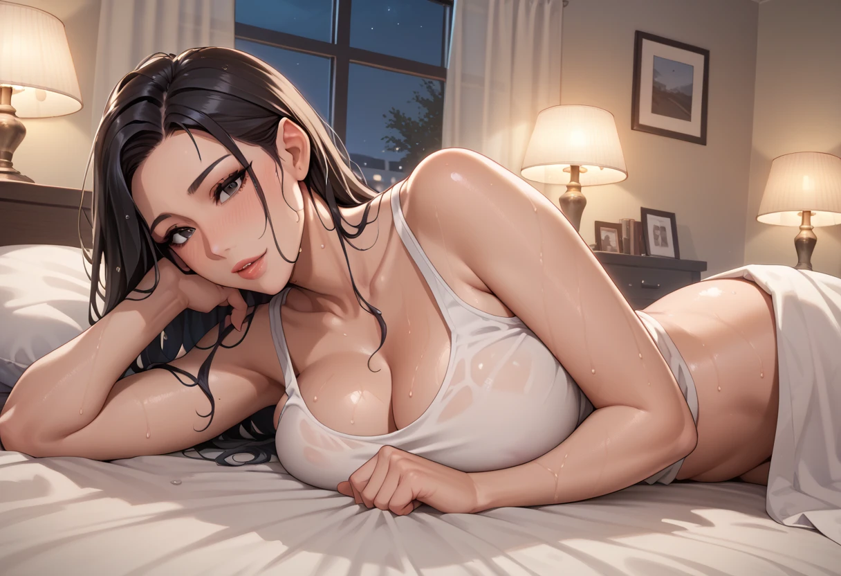 Create a high-quality, detailed image of a beautiful anime girl with long, flowing hair and intricate details. She is peacefully asleep on her bed in her cozy gaming room. She has extremely detailed eyes, beautiful lips, and long eyelashes. She wears a snug tank top that barely conceals her nipples and panties, highlighting her stunning curves. The warm, inviting scene includes soft ambient lighting, comfortable seating, and plush bedding, with the room illuminated by a small, glowing lamp. The gaming room features posters, a high-end PC setup with RGB lighting, and various gaming accessories. The overall atmosphere is serene and intimate, with vibrant colors and natural lighting creating a photorealistic effect.