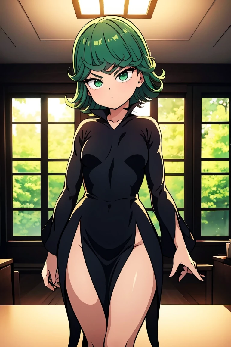 Masterpece, high quality, 1girl, tatsumaki one punch man, green hair, churly hair, green eyes, black wear, black clothes, fullbody, naked, Sexy hentai art, realistic, detail, 8k