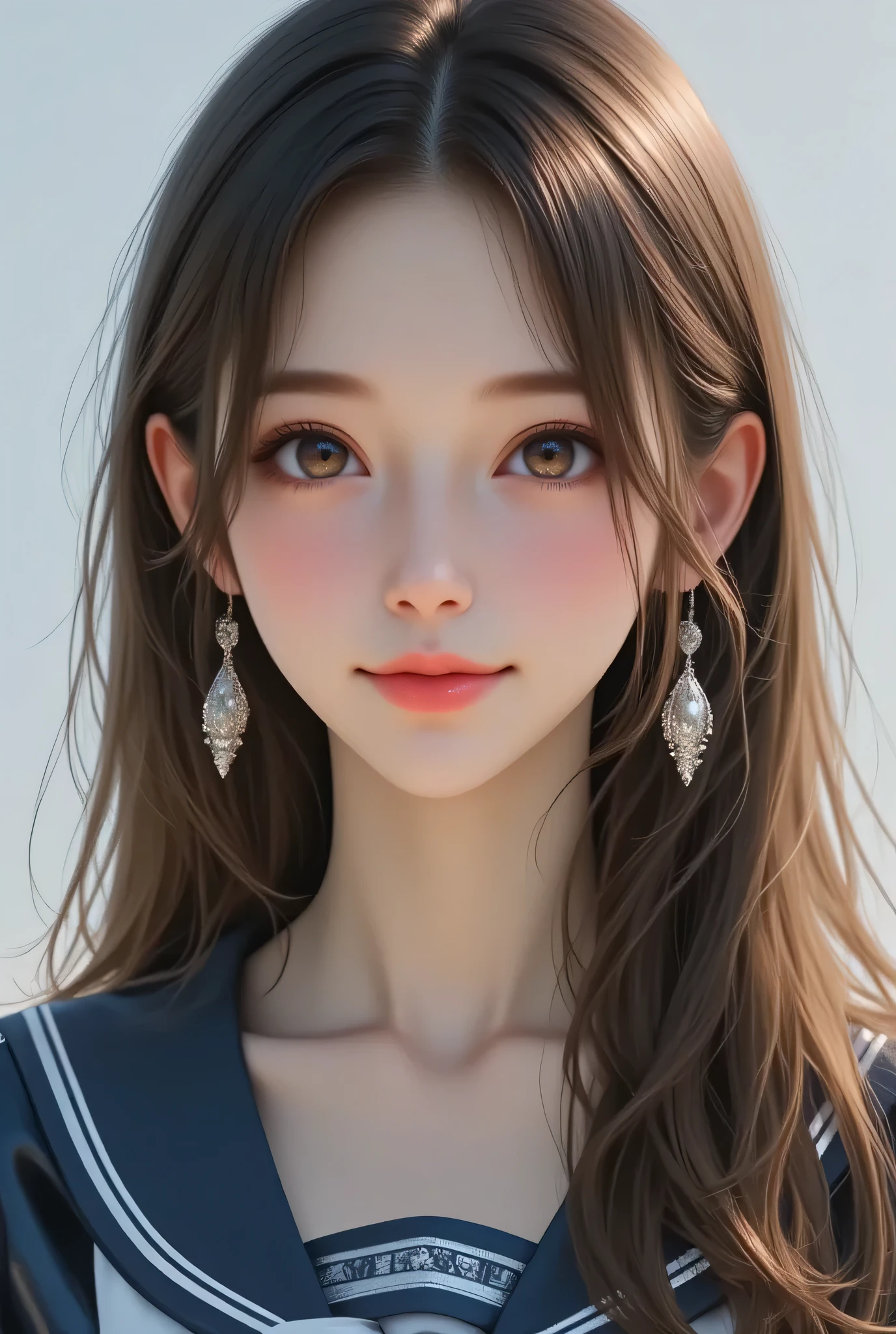 (super cute young face:1.3),(sparkling clear attractive large glowing eyes:1.5), (japanese idol face:1.5),very beautiful cute girl,(:1.4),exquisite smooth and silky long brown straight hair,fair skin,(happy cheerful smile),professional portrait,(super shiny metallic dark blue sailor high-school uniform :1.3),pearl white school blouse,(white bow tie:1),(super shiny metallic dark blue pleated mini skirt :1.1),happy cheerful smile,body shot,very thin natural makeup 