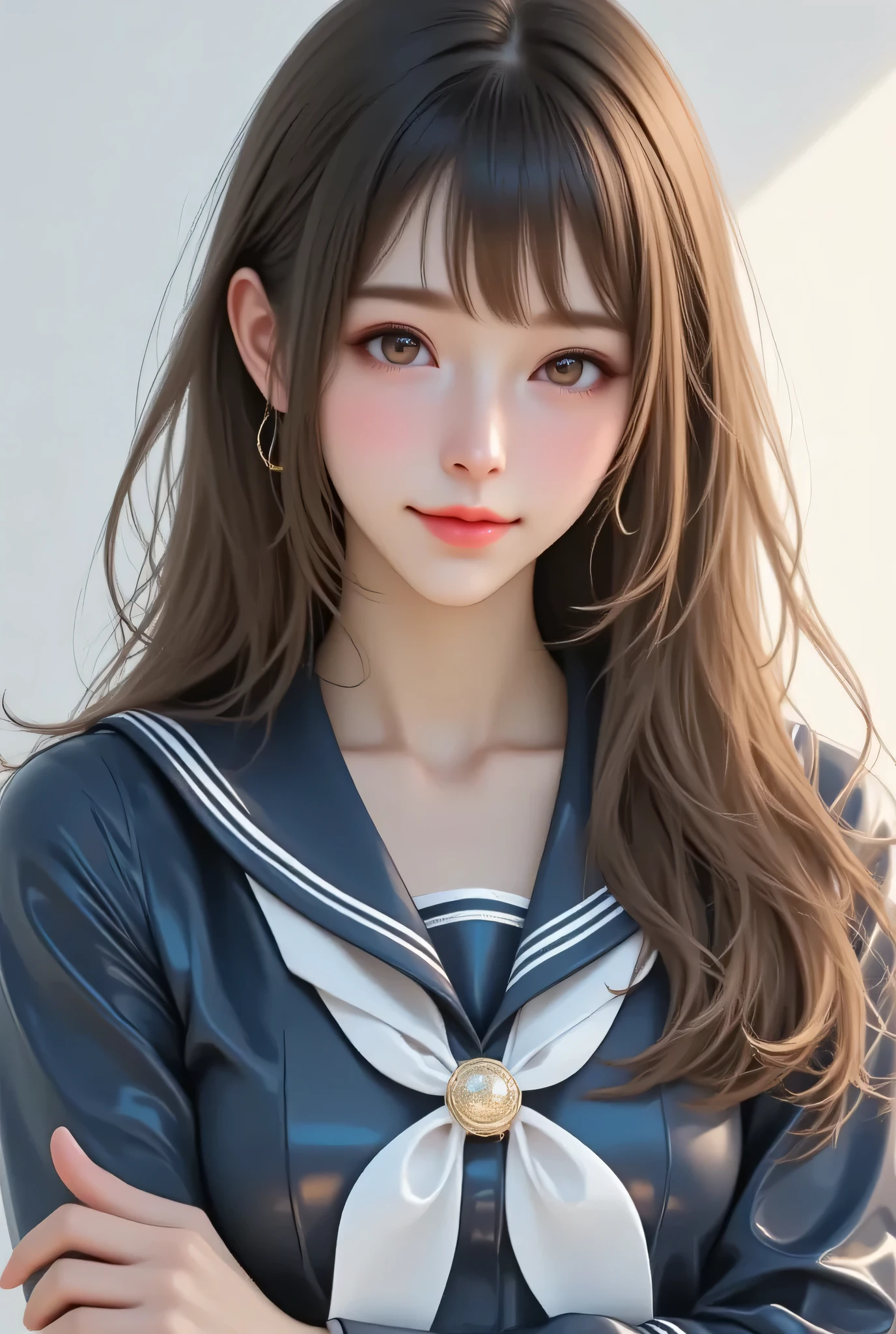 (super cute young face:1.3),(sparkling clear attractive large glowing eyes:1.5), (japanese idol face:1.5),very beautiful cute girl,(:1.4),exquisite smooth and silky long brown straight hair,fair skin,(happy cheerful smile),professional portrait,(super shiny metallic dark blue sailor high-school uniform :1.3),pearl white school blouse,(white bow tie:1),(super shiny metallic dark blue pleated mini skirt :1.1),happy cheerful smile,body shot,very thin natural makeup