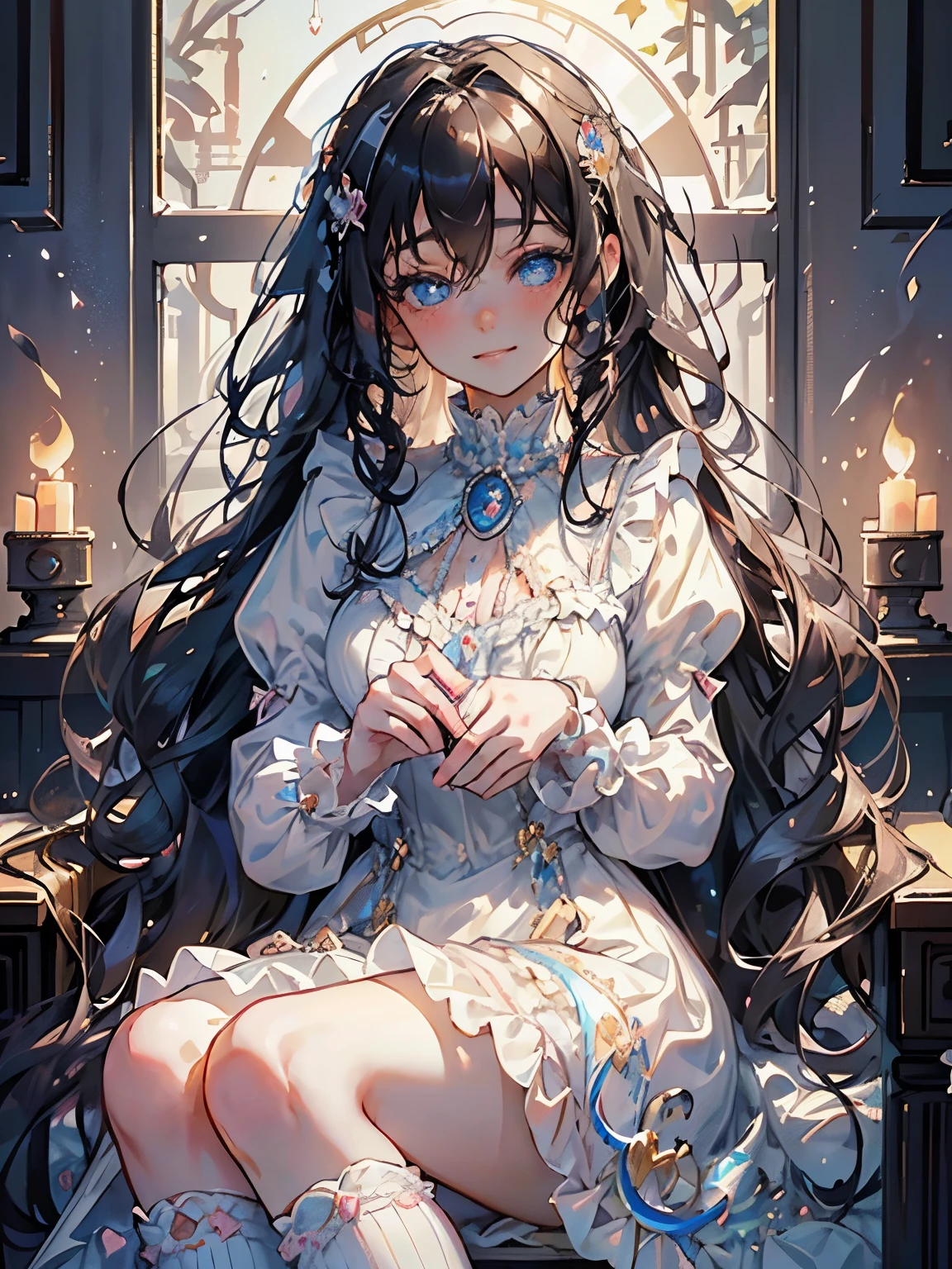 (Masterpiece,   best quality  ), Warm lighting,   Blurry Foreground, (()),   1 Girl, ((  Victorian Style Outfit  )), (ta Outfit  ), (((  fluffy hair  ))), Compensate,   Details, (  best quality  ), (   Intricate Details in Wet Water ), ((long jet black hair)), ((Hair is fluffy  )),   best quality  , ((  Fluffy Long Sleeve Dress )), (), ((   thigh-length socks  )), ((My socks are white  )), ((  round eyes)),   beautiful faces,   cute face,   pin-up  ,  Details of a perfect face,  Victorian Morning Background  , (((blue eyes))), ((    curly long hair  )), ((((( soft smile  ,   happy))))), The dress is long,  Woman Sitting on Desk Chair   