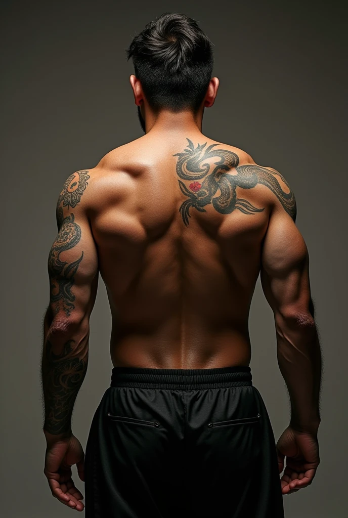Master masterpiece、the best quality、8K、 male、katsuki bakugou、black trousers、Upper body naked、(Tattoos on the shoulder and back:1.2)、Dragon on background