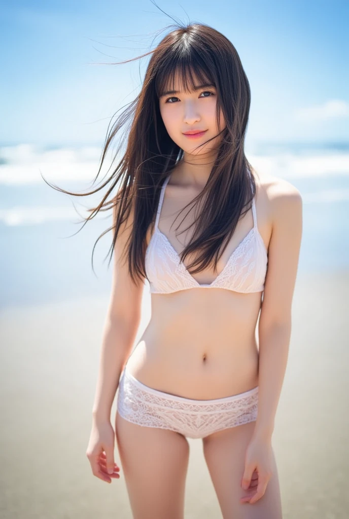 ((smile))、Confused、RAW Photos、(((究極の肖像画masterpiece)))、((世界で一番かわいいgirl:1.9))、UHigh resolution, retina, masterpiece, Accurate, Anatomically correct, Textured skin, Super Detail, Attention to detail, high quality, Awards, 最high quality, High resolution, 1080P, High resolution, 4K, 8k, 16K、blue sea、Wide sky、deep sandy beach、girl、１people、cute、8k,masterpiece,Japanese,9-year-old girl,from the front,とてもcute:1.3,smile,Innocent face,Calm Eyes,Childish,Small breasts,T-Shirts,Short sleeve,Short skirt,semi-long,noon,bright,One cherry blossom,Beautiful shaved pan:1.2,Nipples pumping:1.1,beautiful pussy line,(((perfect pussy, pussy Close-up:1.1))),(((Selfie:1.2))),
,(((Sexy Black G-Strings for Women,Feminine Lingerie,Low waist,String,1 piece))),