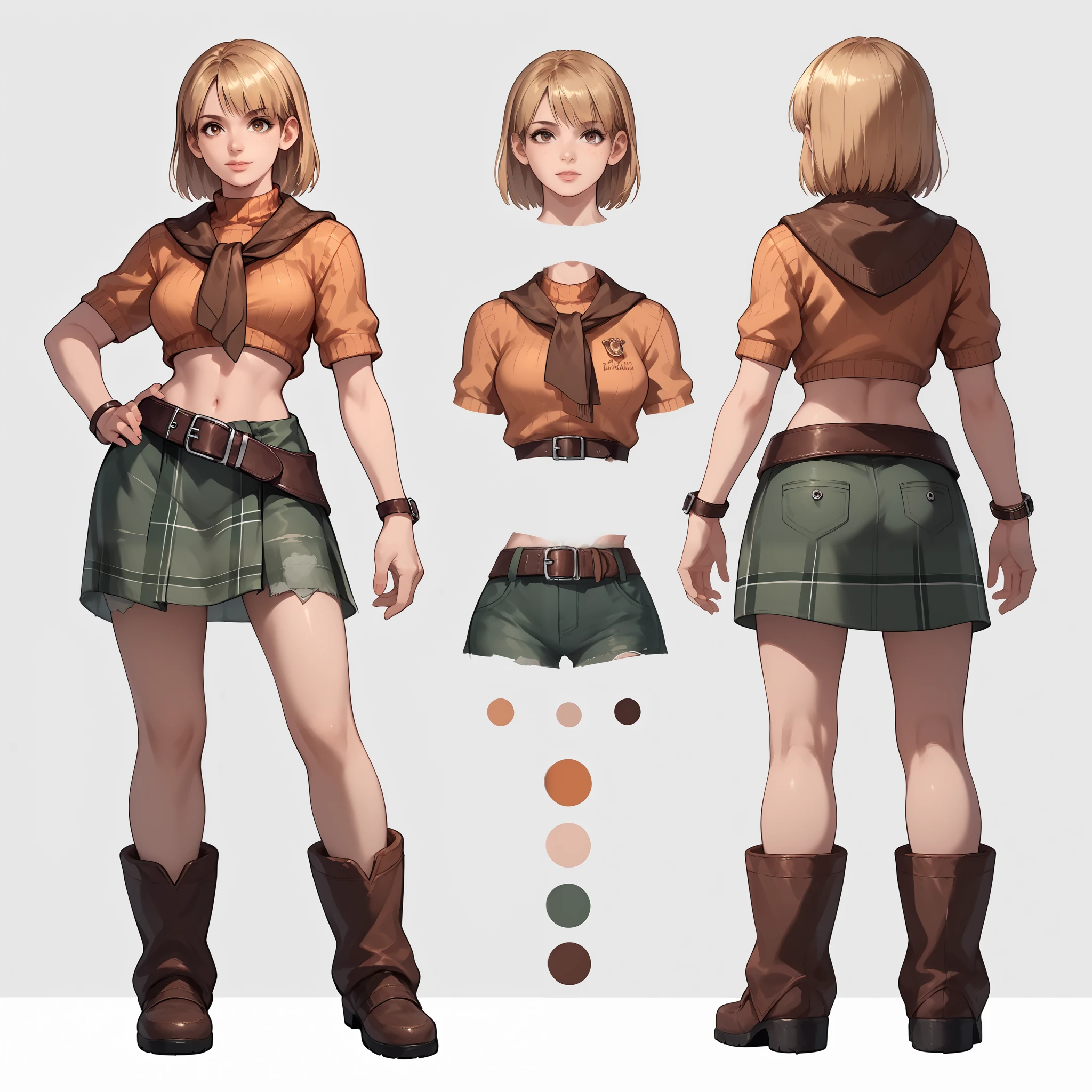 Anime concept art, dark fantasy, anime model sheet, character concept, multiple views, Ashley graham, Ashley Graham from resident evil 4, cute, Ashley's sexy outfit, thin waist, medium breasts, ultra skimpy, loose belt, lovely pose, back view, full body view, fullbody overview, resident evil 4 concept art