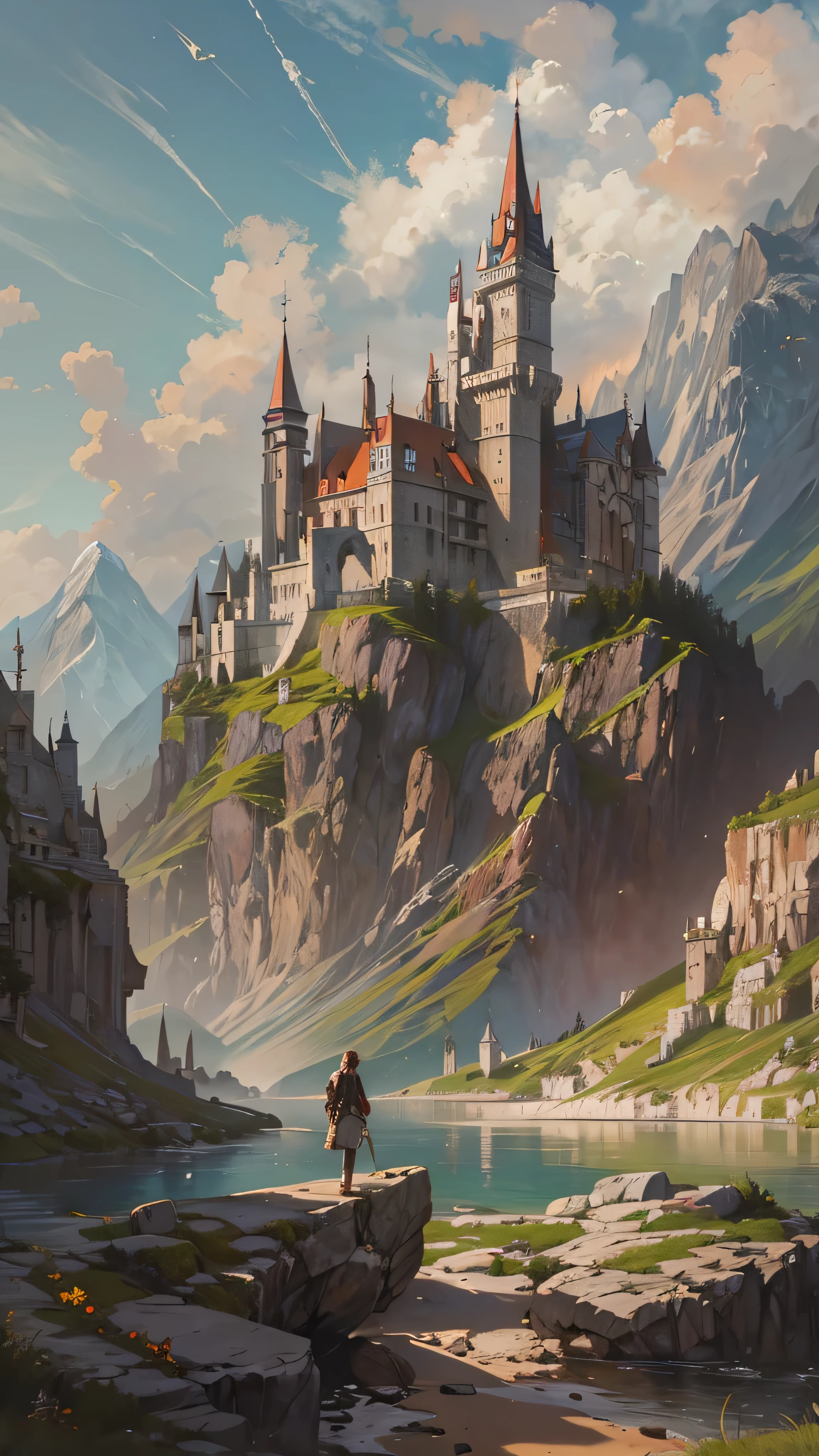 Painting of a castle on a mountain with a lake in front of it - SeaArt AI