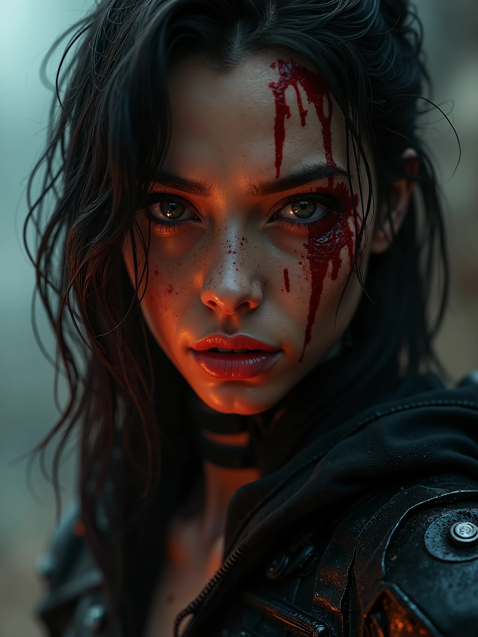 a dark and moody music album cover, a sad and angry woman with a powerful expression, detailed facial features, dramatic lighting, heavy metal, rock music, dark colors, blue and red tones, muted palette, layer of grime and texture, cinematic atmosphere, photorealistic, 8k, high quality, masterpiece