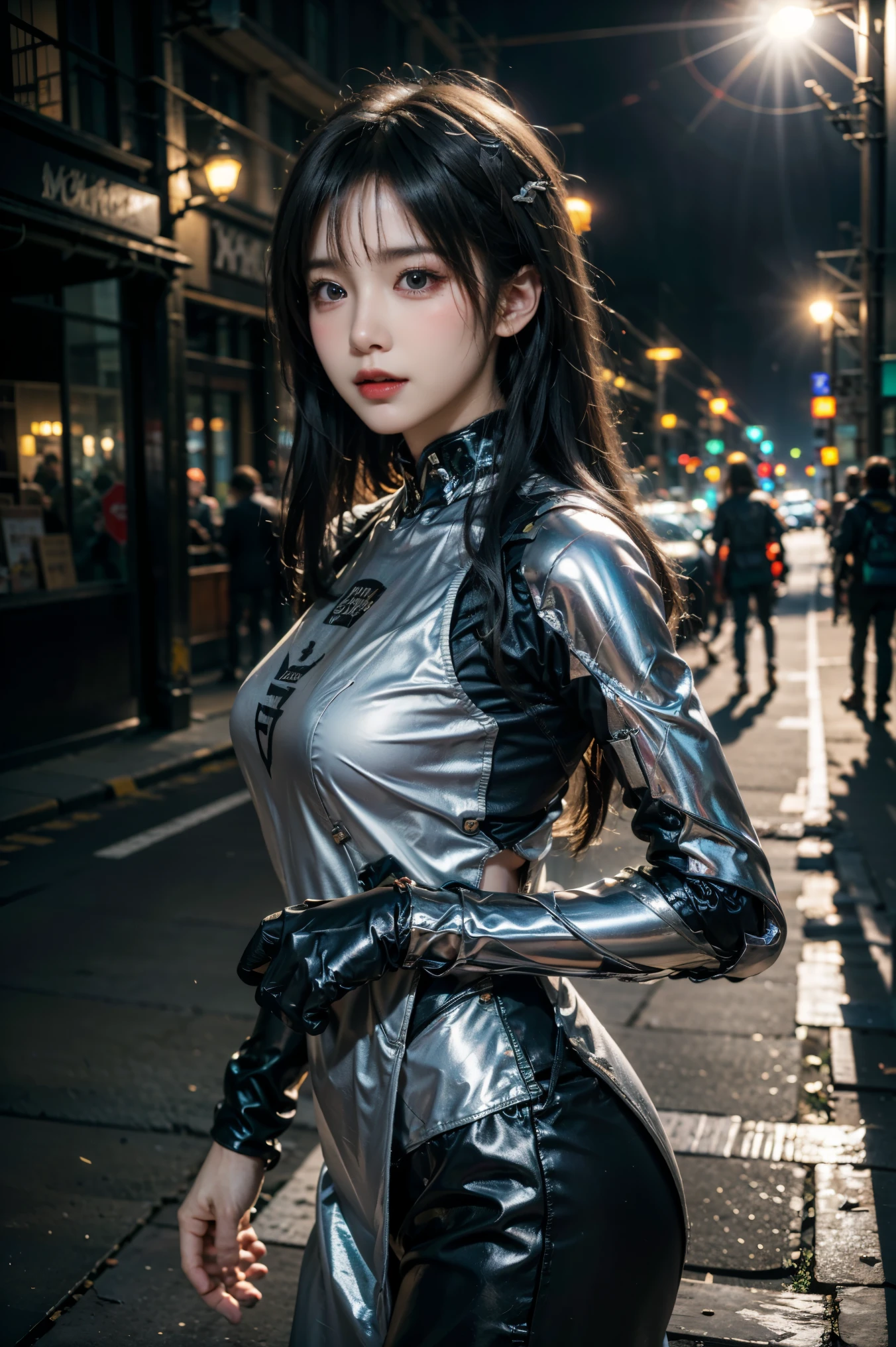 (masterpiece), anatomically correct, accurate, textured skin, high details, high quality, (best quality), (super detail), perfect detailed eyes, perfect detailed face, ultra-detailed nose, perfect detailed hands, perfect detailed feet, streaked hair, blunt bangs, crystal hair, head mounted display, aqua eyes, from side, reflection light, textured skin, high details, best quality, highres, 8k, Spy in science fiction movies, cyberpunk worlds, functional bodysuits, beautiful girl, shiny bodysuits, girl in the dark, pretty, facial details are particularly rich, perfect lighting, skin-tight, latex, moonlight, light and shade, goddess, Ruined futuristic city