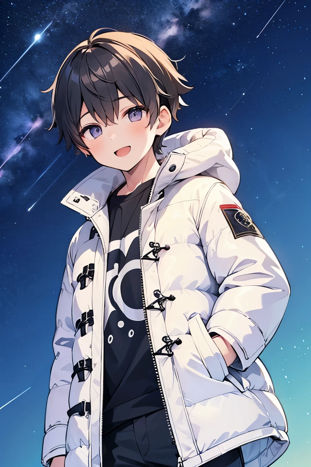 (1-boy :1.5),( light brown hair,Purple Eyes:0.65),smile,Before Dawn,Late Night, sky full of stars, White Breath, angle from below,((Puffer Coats:1.2)),( pockets on my t-shirt:1.0),